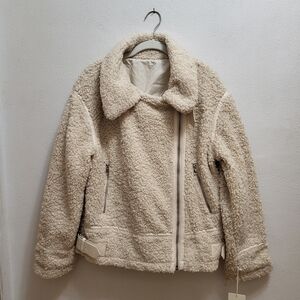 a.n.a. Midweight Sherpa Reversible Moto Jacket Women's M Cream Zip Buckles NWT